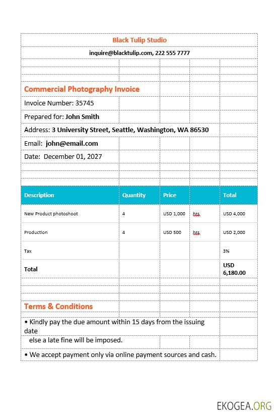 Modèle de facture de photographie commerciale